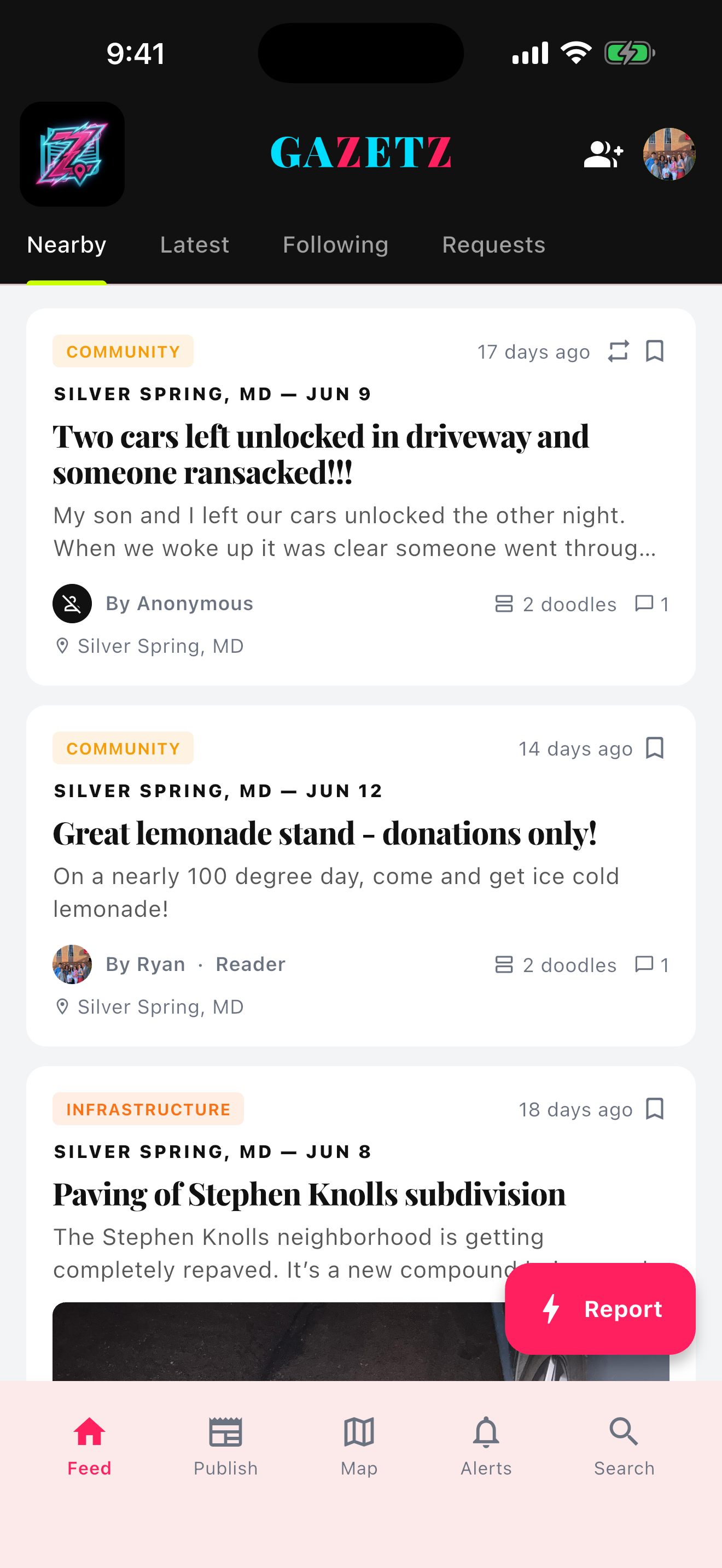 Gazetz app showing nearby community stories and reporting controls